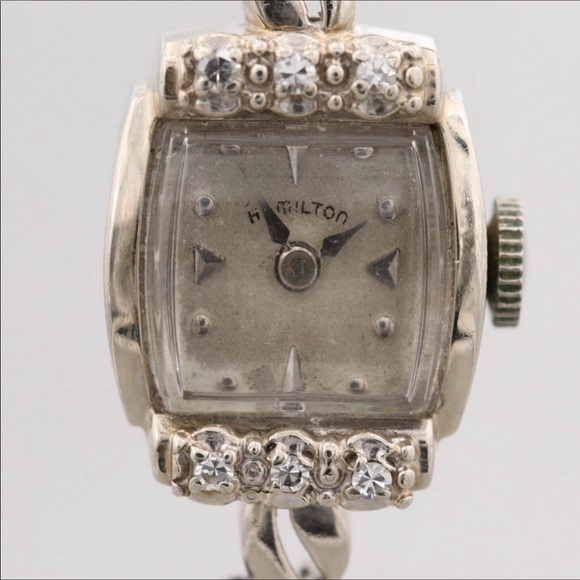 *Vintage 14K Hamilton Diamond & Emerald Watch with jewel-studded 14K watchband - Picture 2 of 10